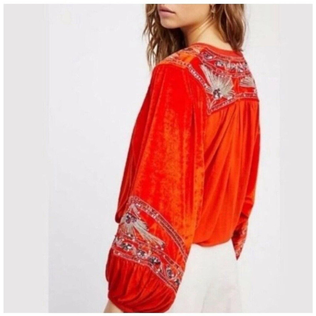New Free People Hearts Aflame Orange Balloon Long-Sleeve Sequin Top $128 S Red