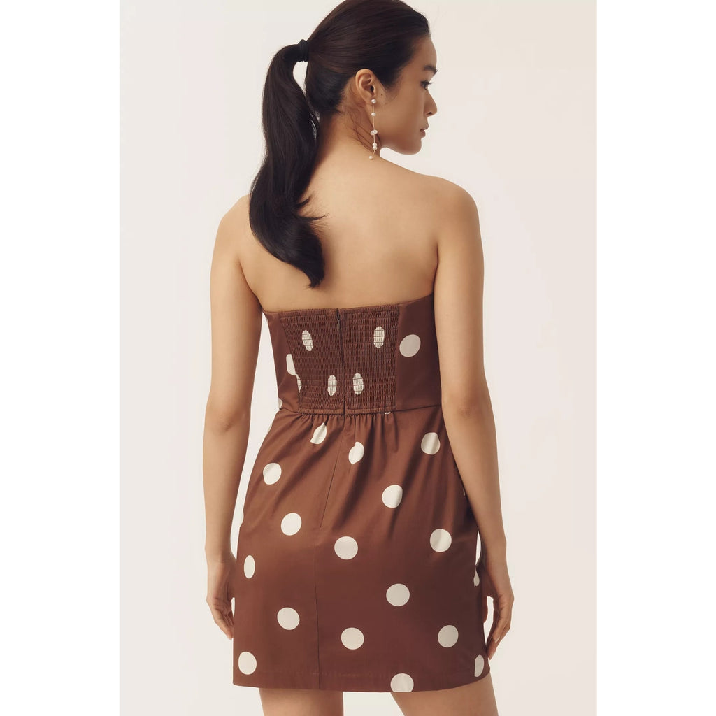 Anthropologie Hutch Strapless Bow Slim Mini Dress Small Brown Dot Anthropologie