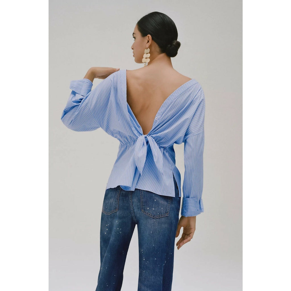New Anthropologie Button-Back Blouse By Harshman $130 Size Medium Blue Striped