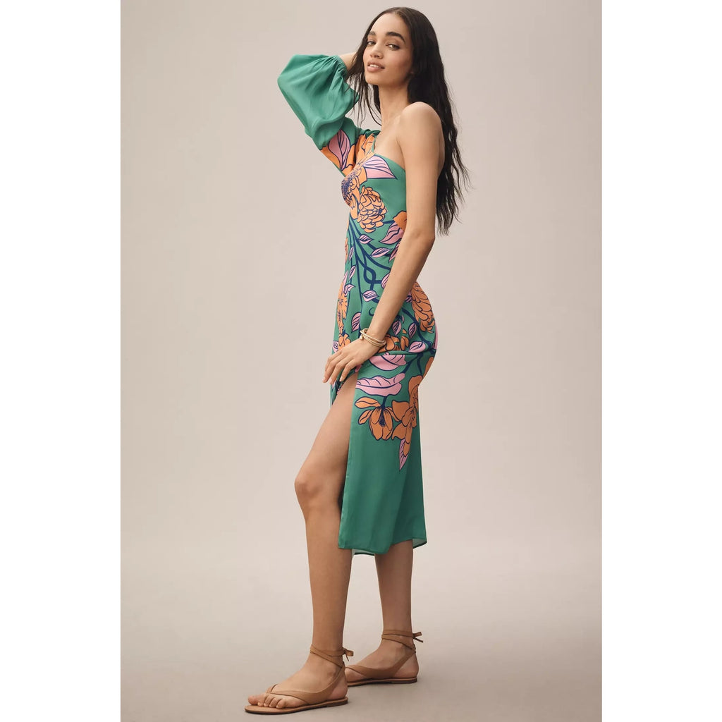 Farm Rio One-Shoulder Floral Midi Dress Large Petite LP Green Pink Anthropologie