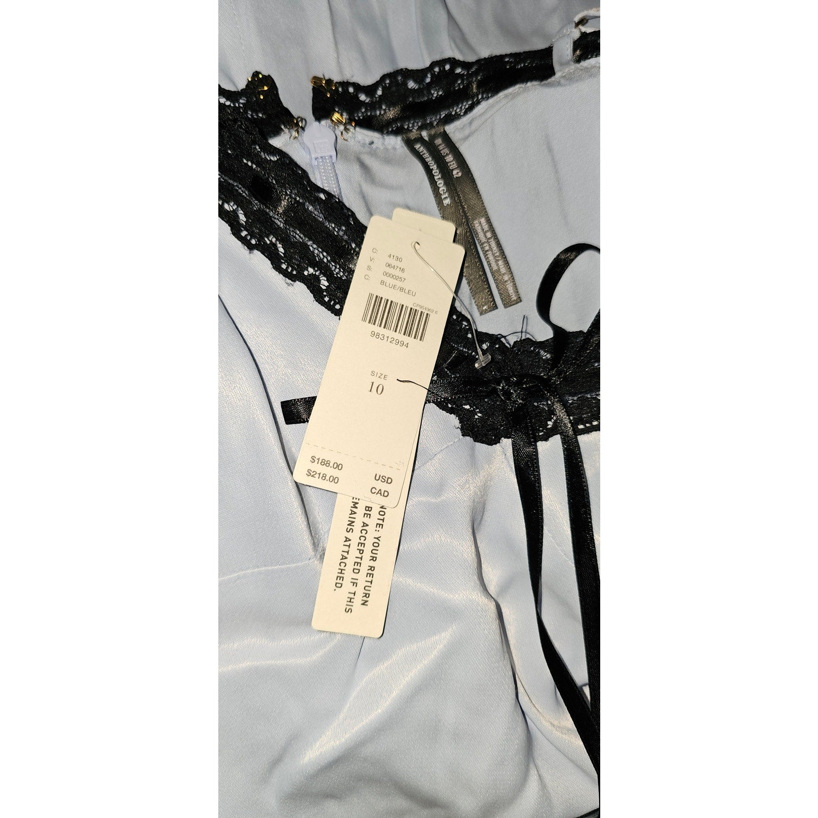 Anthropologie V-Neck Lace-Trim Slip Dress SIZE 10 Blue Anthropologie