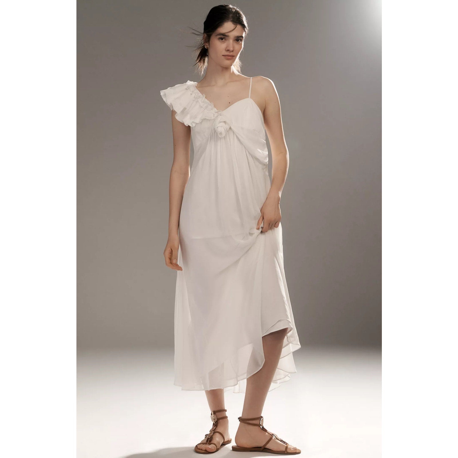 Anthropologie Let Me Be Asymmetric 3D Floral Midi Dress SMALL White Anthropologie