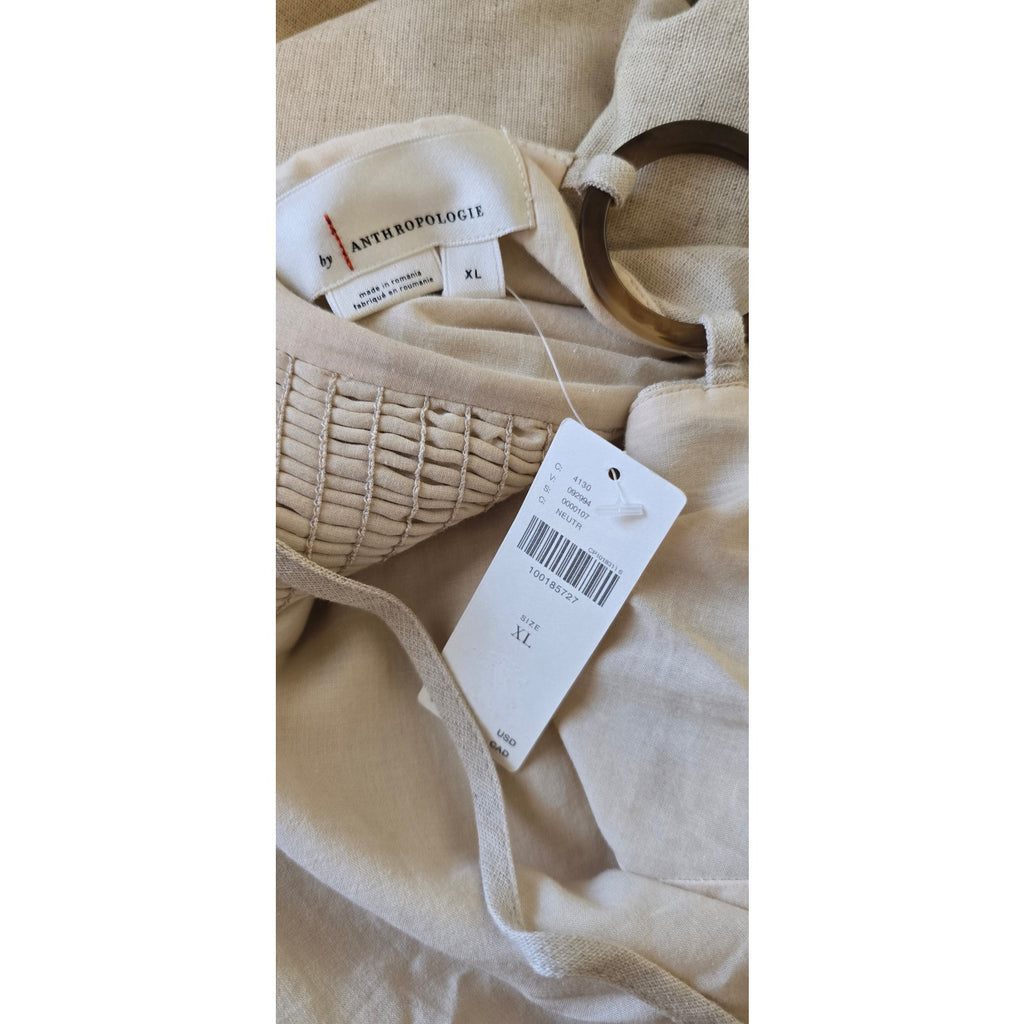 By Anthropologie Smocked Linen Blend Mini Dress X-LARGE Tan Anthropologie