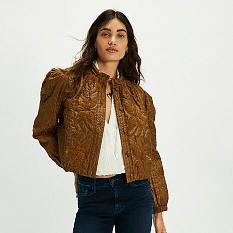 New FREE PEOPLE Quinn Quilted Crop Jacket $198 LARGE Bronze/Brown Patching