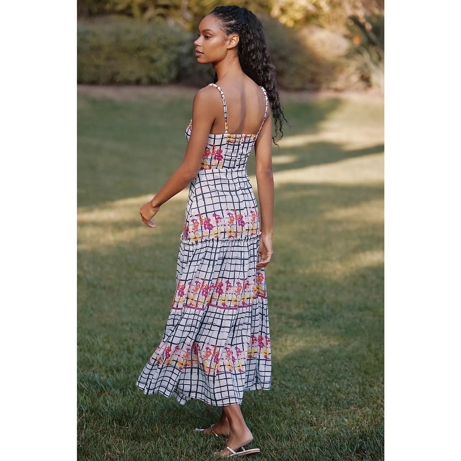 ANTHROPOLOGIE Ro's Garden Brittany Tiered Midi Dress SMALL Black Motif Anthropologie