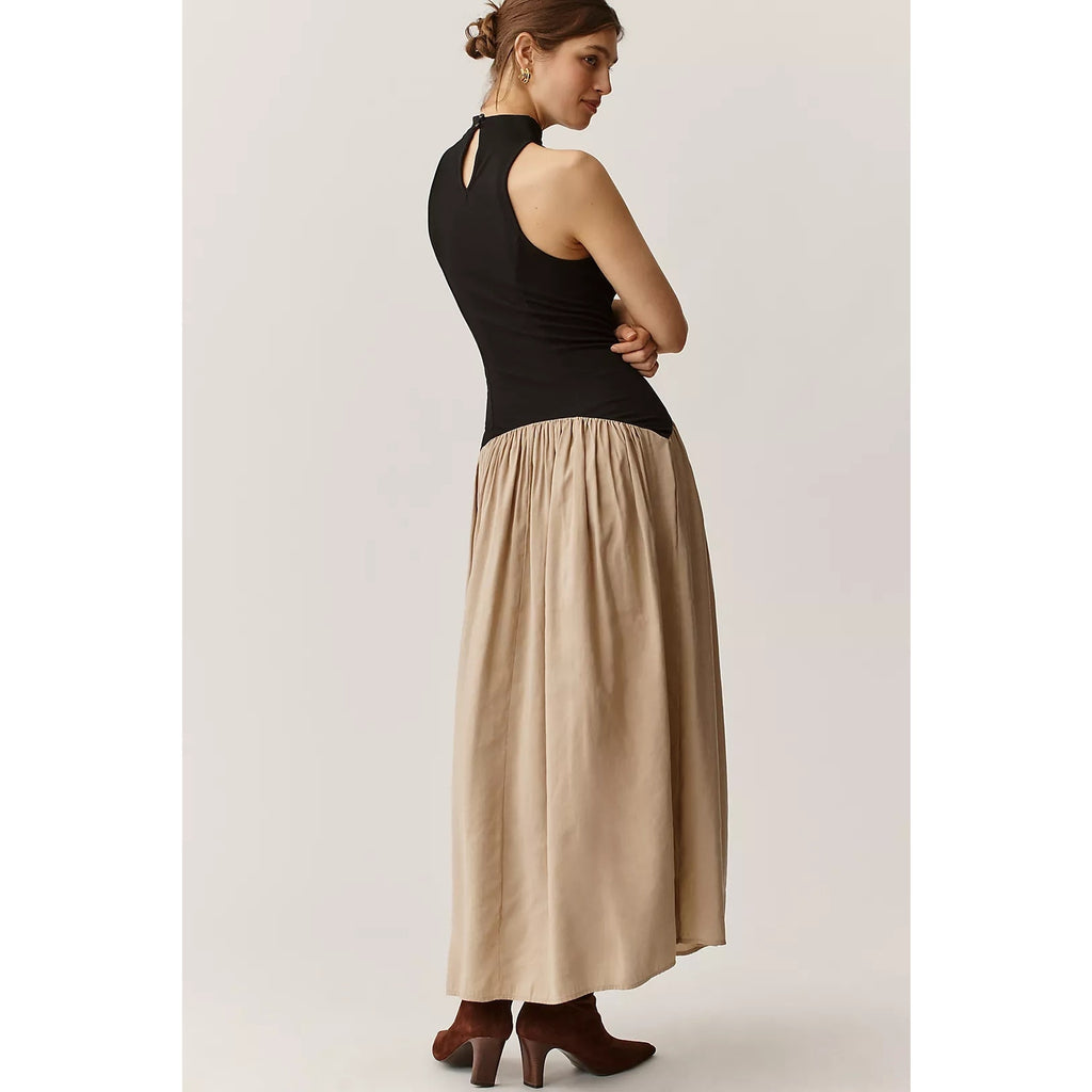 Anthropologie Maeve Mariana Drop-Waist Maxi Dress X-LARGE Black & Tan Anthropologie