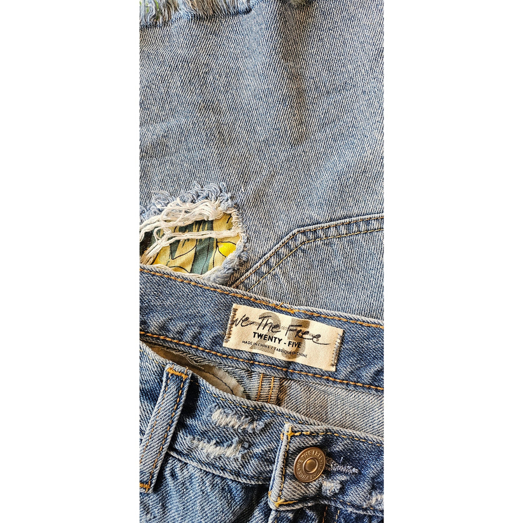 New Free People WTF Distressed Patched Denim Shorts $128 SIZE 25 Blue/Yellow