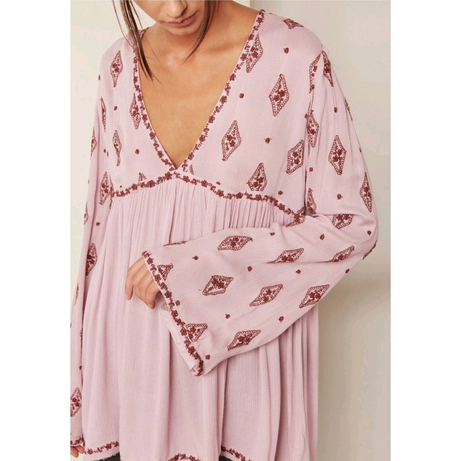 New Free People Diamond Embroidered Long Sleeve Tunic $148 SMALL Lilac Top