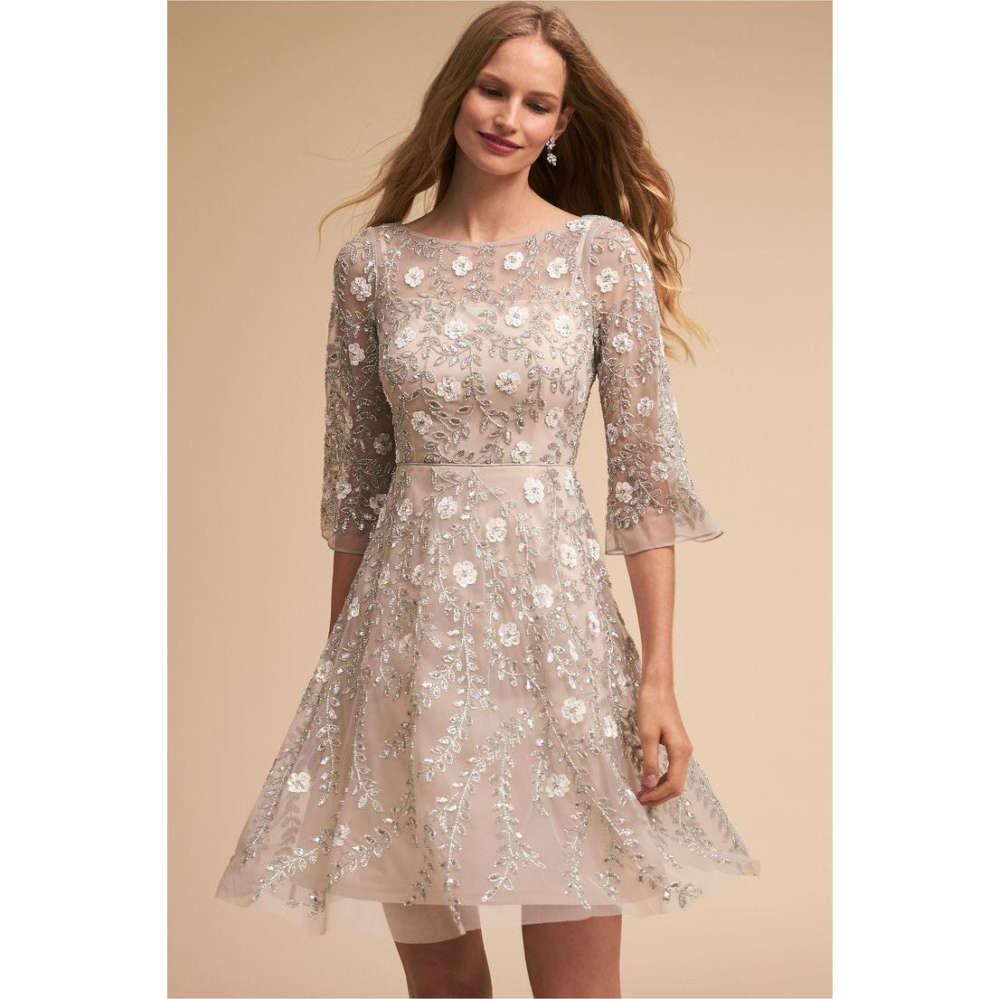 Anthropologie BHLDN Aidan Mattox Sun Valley Dress $420 SIZE 4 Silver Floral