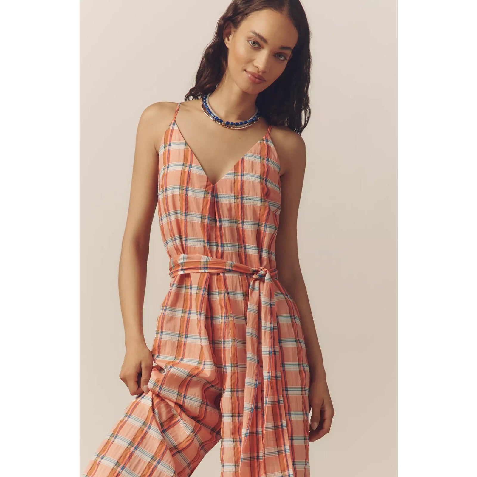 Anthropologie Corey Lynn Calter V-Neck Waistless Jumpsuit Small Plaid Anthropologie