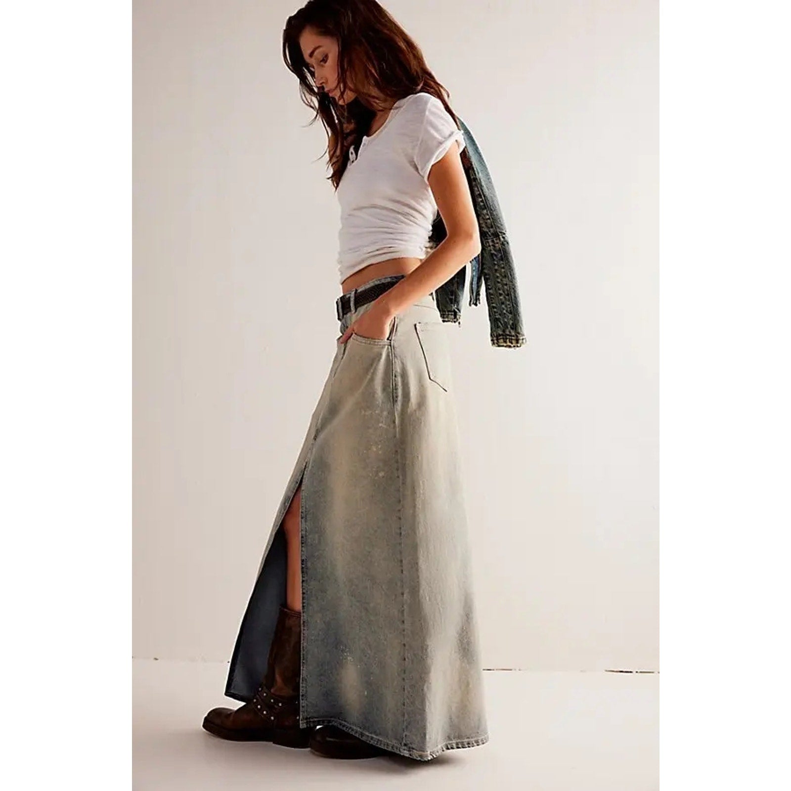 New FREE PEOPLE We The Free Come As You Are Denim Maxi Skirt $118 SIZE 4 Neptune