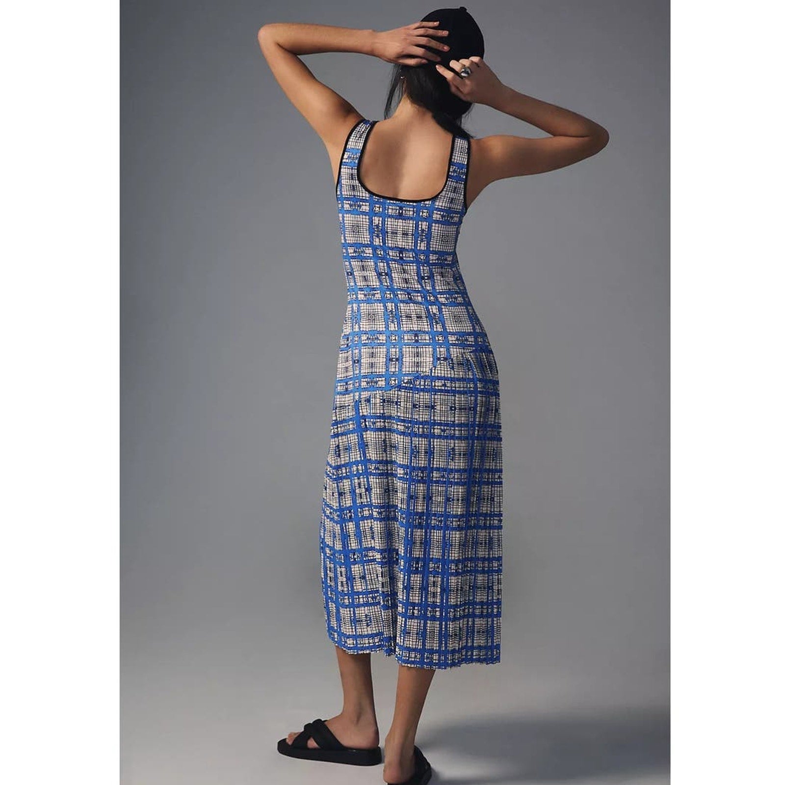 New Anthropologie Dhruv Kapoor Plaid Mesh Midi Dress $210 Blue X-Large Petite