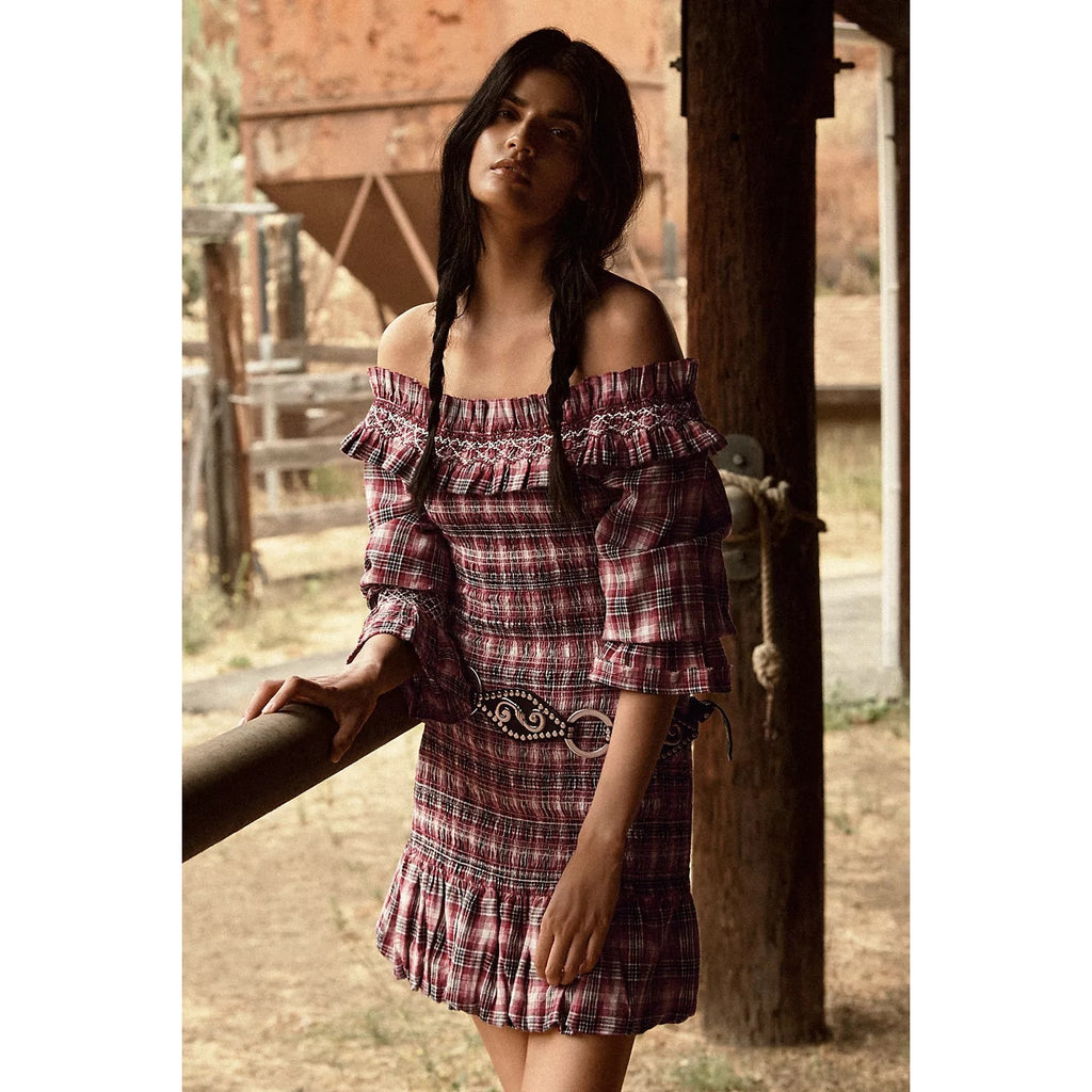 Anthropologie Pilcro Smocked Plaid Mini Dress $168 LARGE Red Long-Sleeve