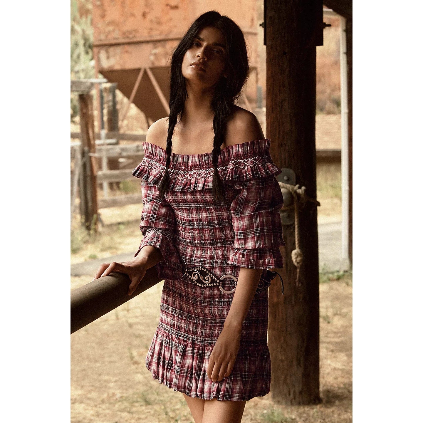 Anthropologie Pilcro Smocked Plaid Mini Dress $168 LARGE Red Long-Sleeve