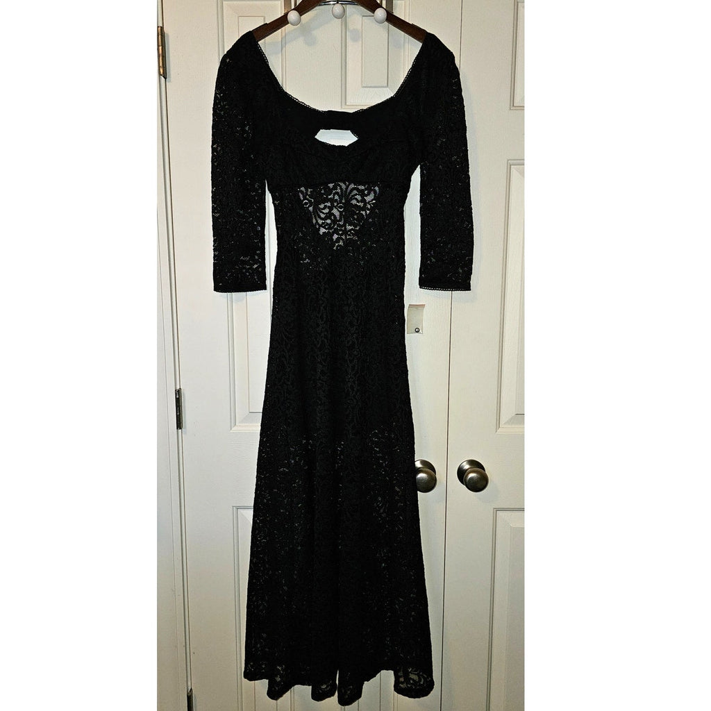 New FREE PEOPLE Adored Maxi Dress LACE $198 MEDIUM Black Sheer Lace Semi Lined