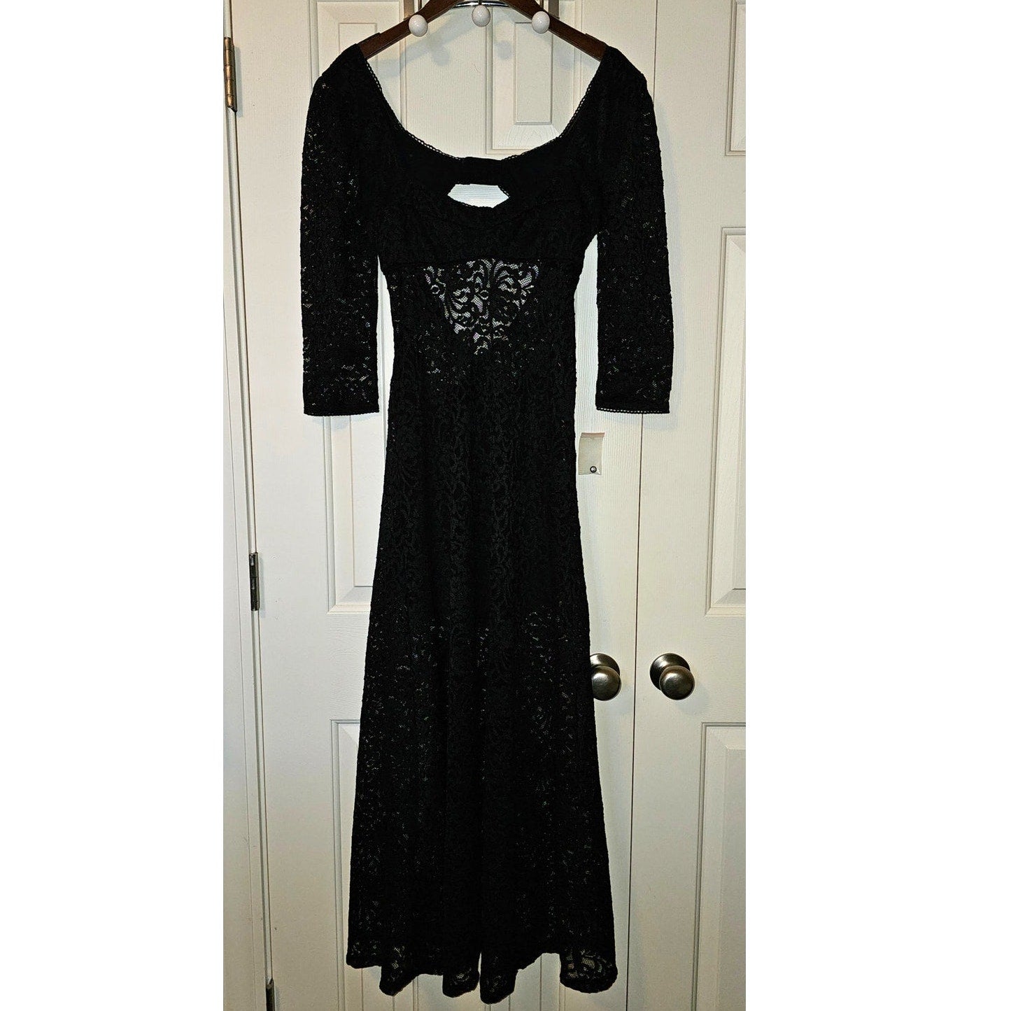 New FREE PEOPLE Adored Maxi Dress LACE $198 MEDIUM Black Sheer Lace Semi Lined