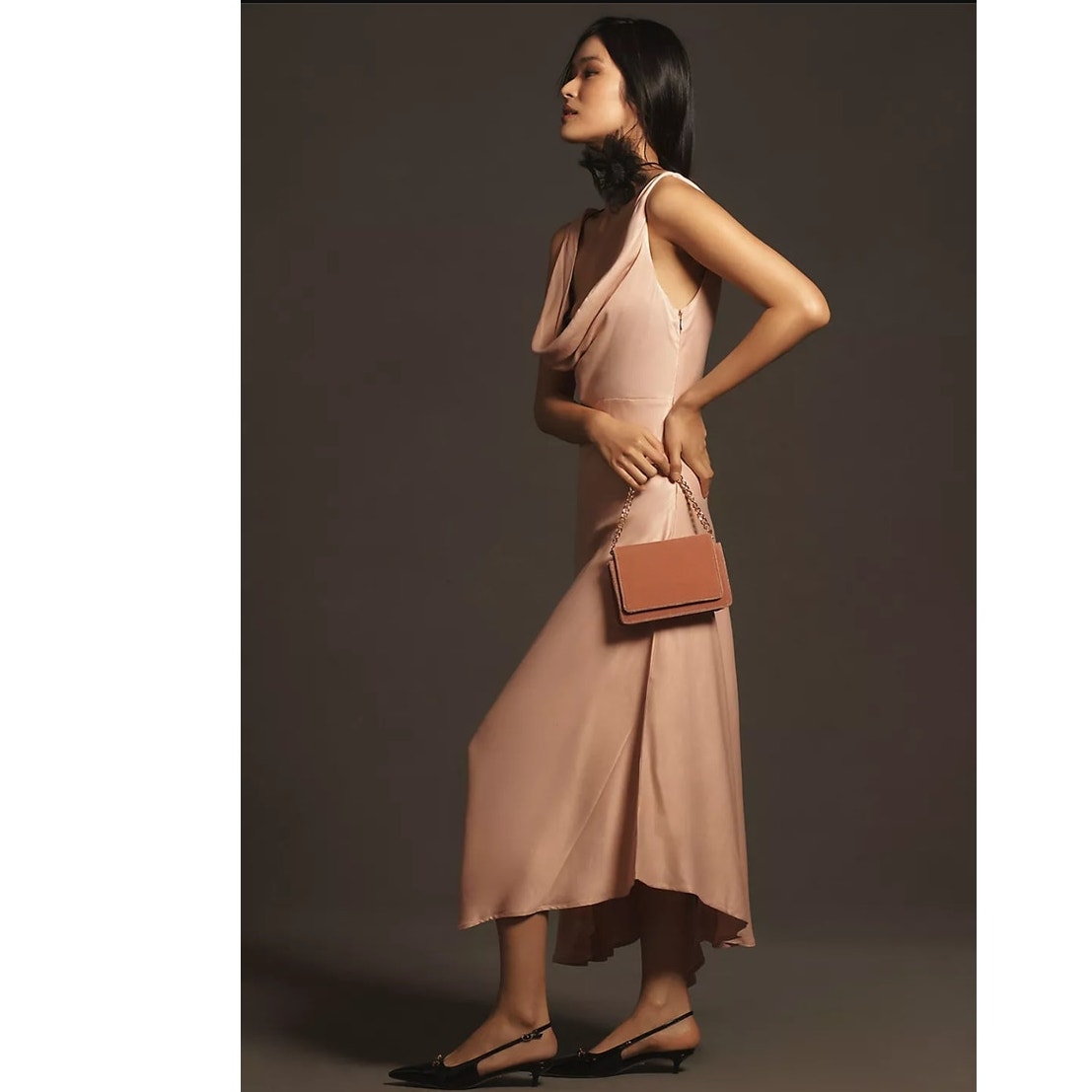 New By Anthropologie Cowl-Neck Asymmetrical Twofer Slip Dress $178 XS Pink
