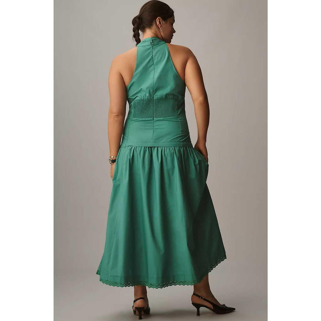 Anthropologie by Maeve Halter V-Neck Drop-Waist Midi Dress Green Anthropologie