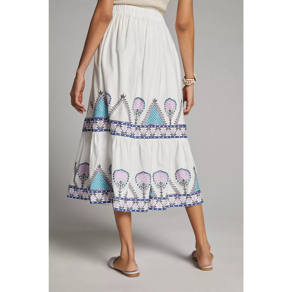 NEW Anthropologie Magda Geo Embroidered Midi Skirt Size XS White
