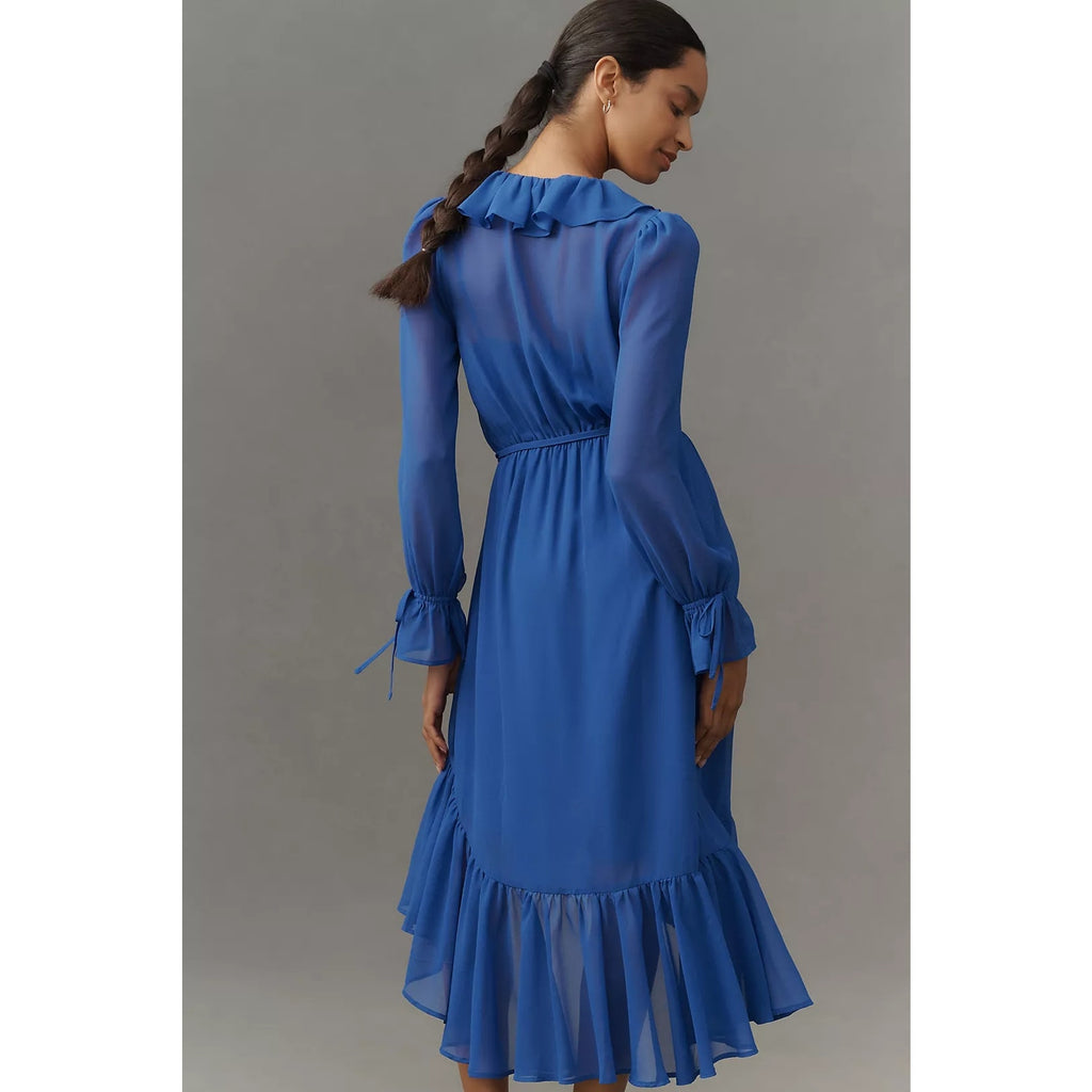 Anthropologie Long-Sleeve Ruffled Asymmetric Midi Dress SMALL Blue Anthropologie