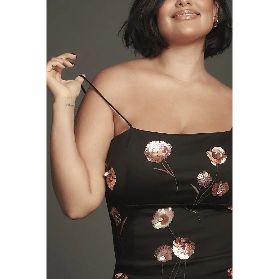 Anthropologie Brynne 3D Spaghetti-Strap Dress by Maeve SIZE 14 Black Anthropologie