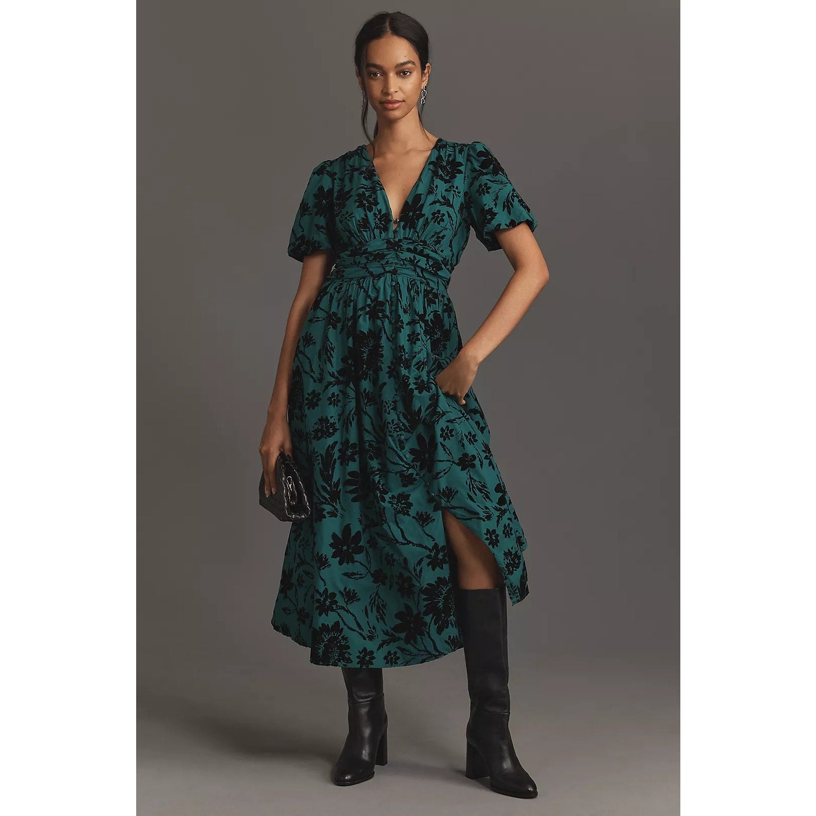Anthropologie The Katerina Button-Front Dress $198 XXS 00 Dark Green Floral