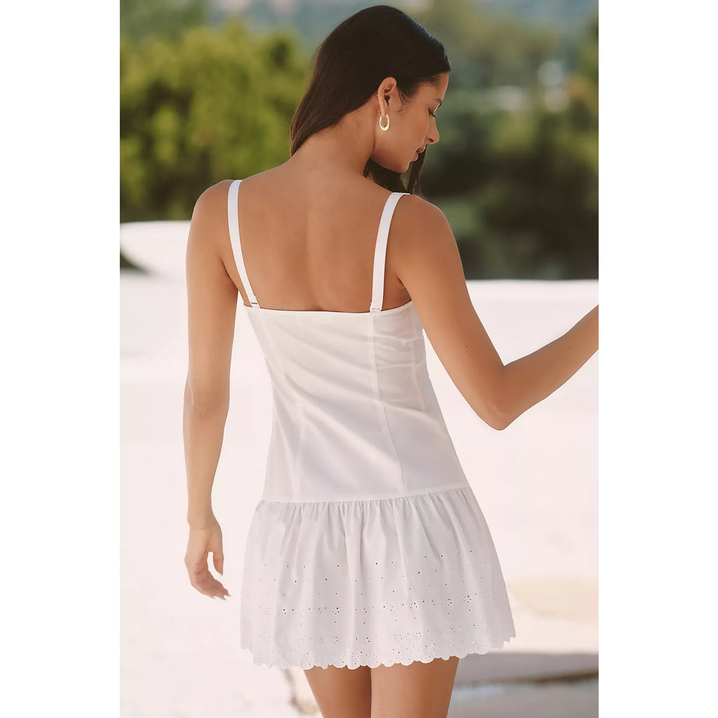 Back view of white poplin mini dress with spaghetti straps and tiered skirt