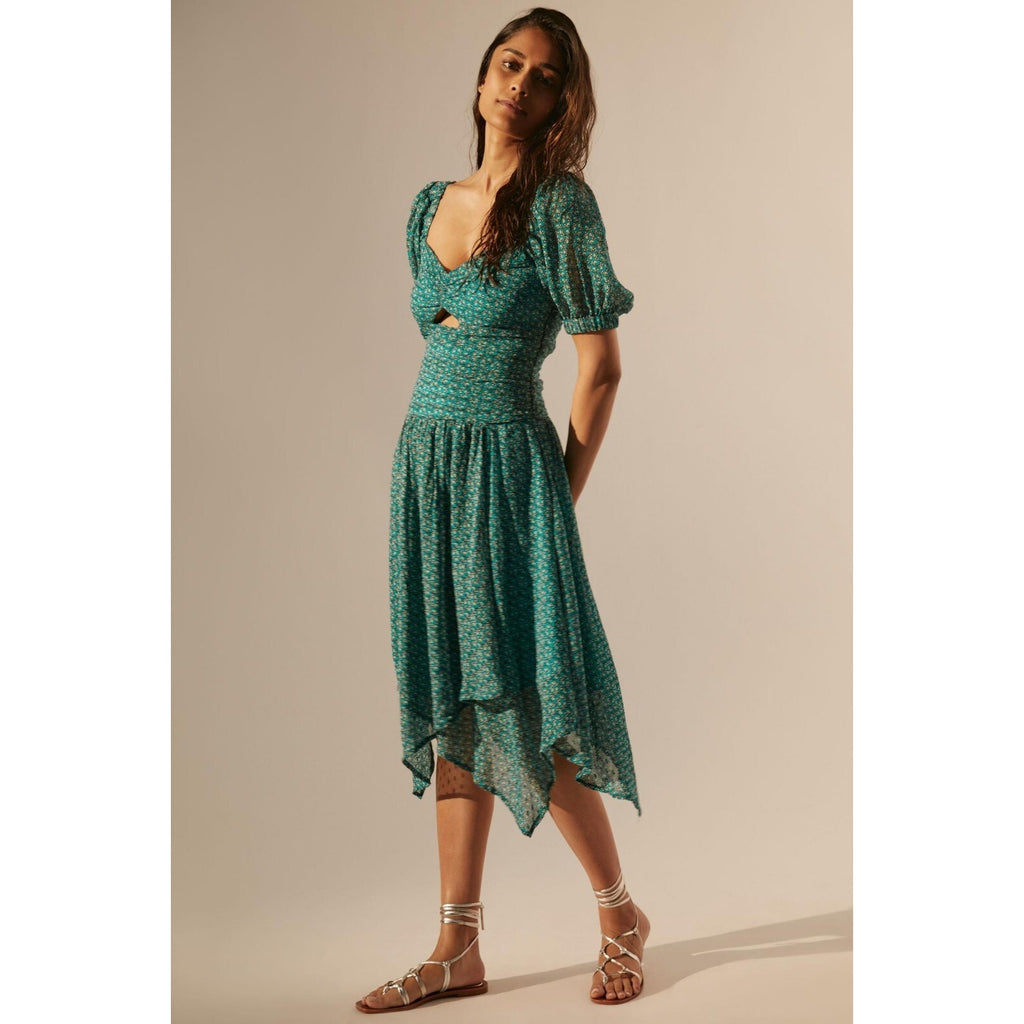 New Anthropologie Puff-Sleeved Cut-Out Midi Dress Size 4
