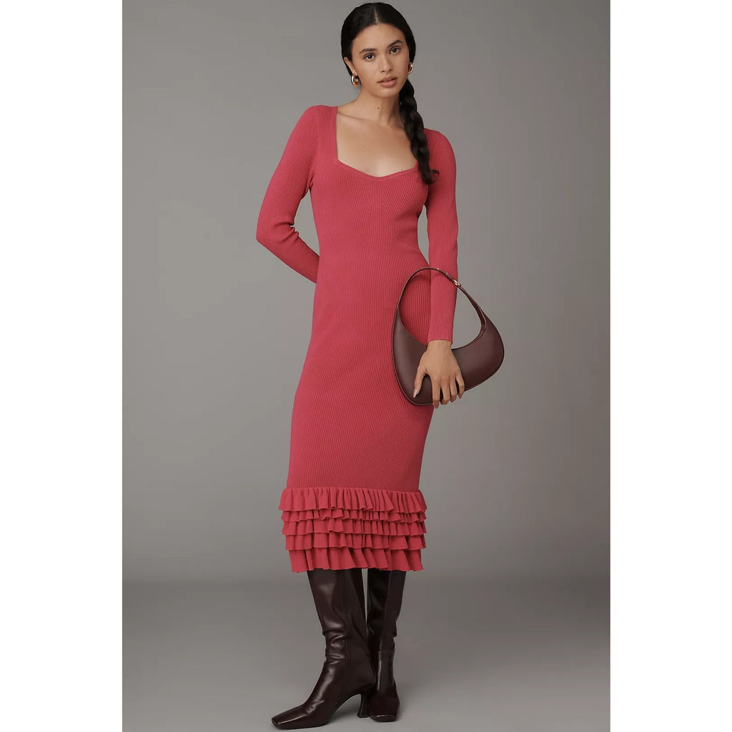Pink midi sweater dress with square neckline and tiered ruffle hem, long sleeves
