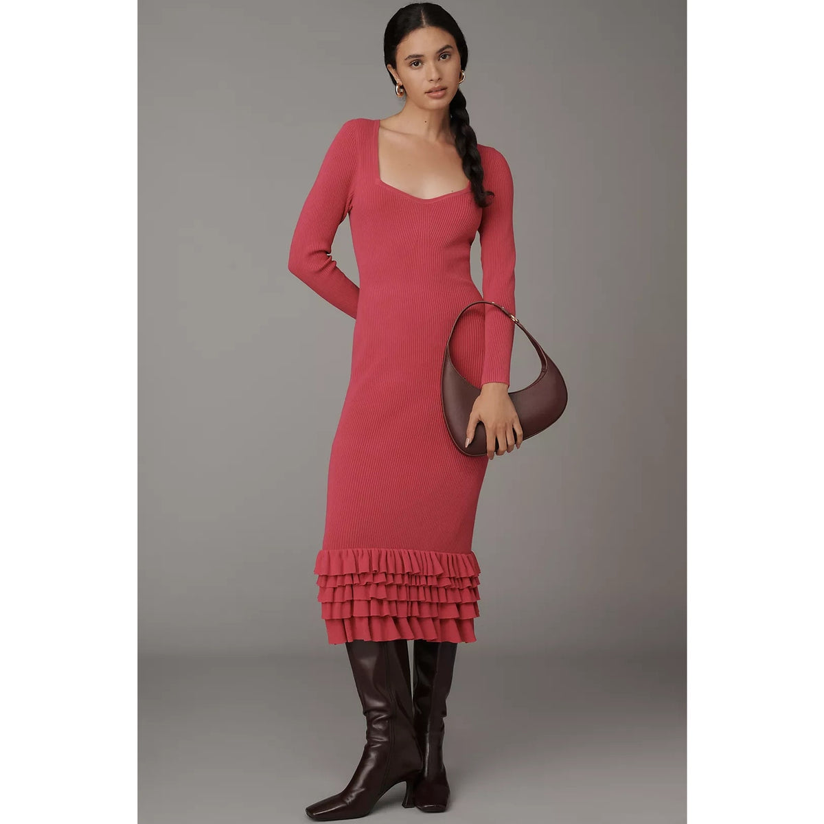 Pink midi sweater dress with square neckline and tiered ruffle hem, long sleeves
