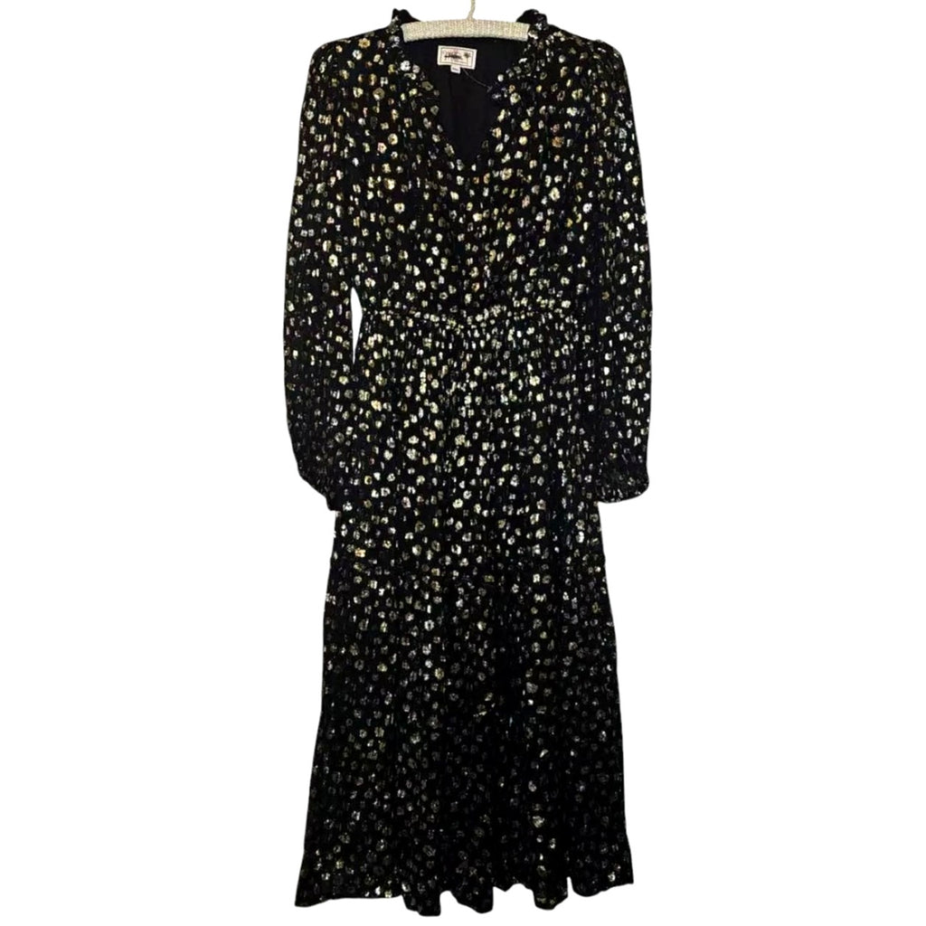 New Anthropologie Mille V-Neck Lurex Midi Dress $498 XXS Black & Metallic Gold