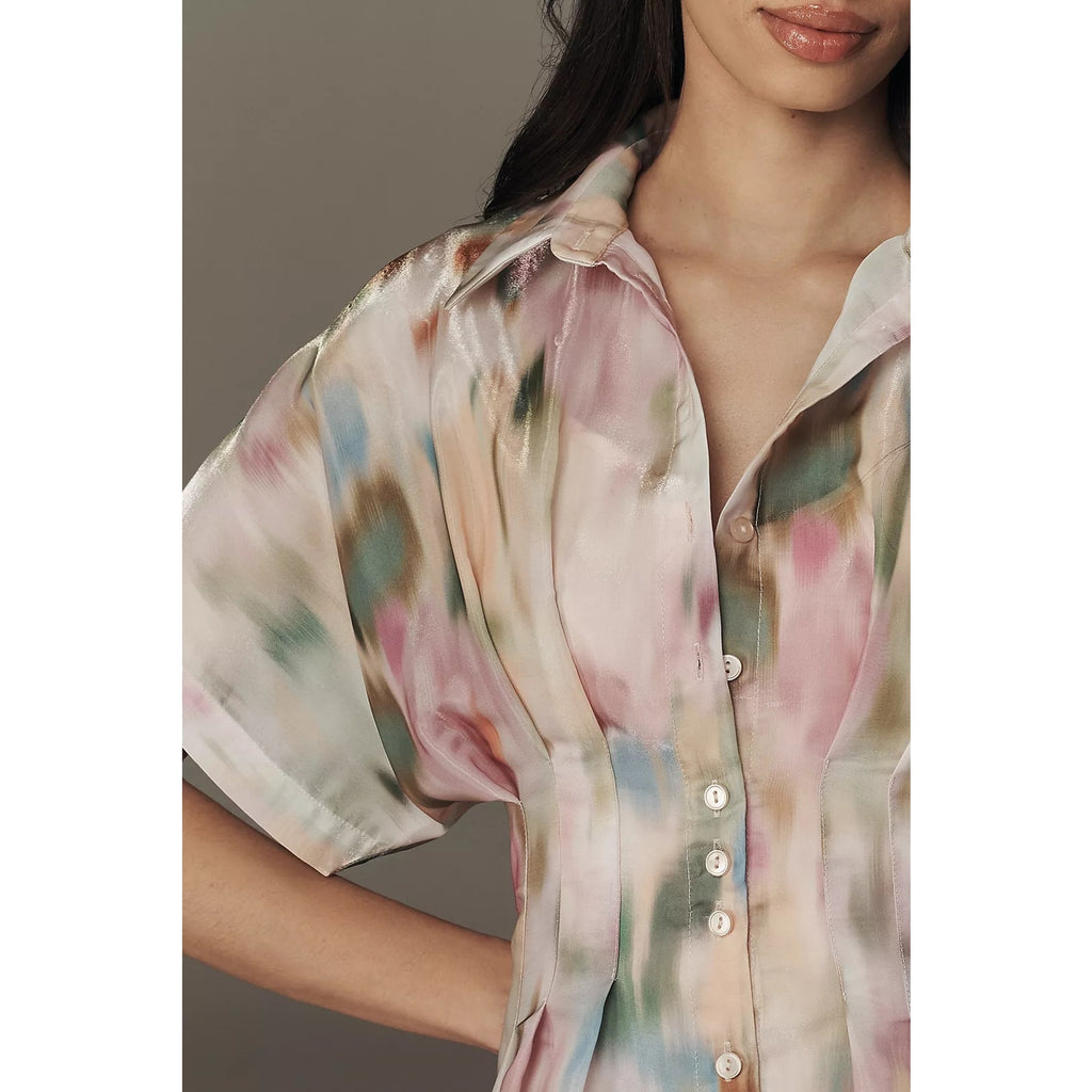 Pastel watercolor organza mini shirt dress bodice, collared neckline, button placket