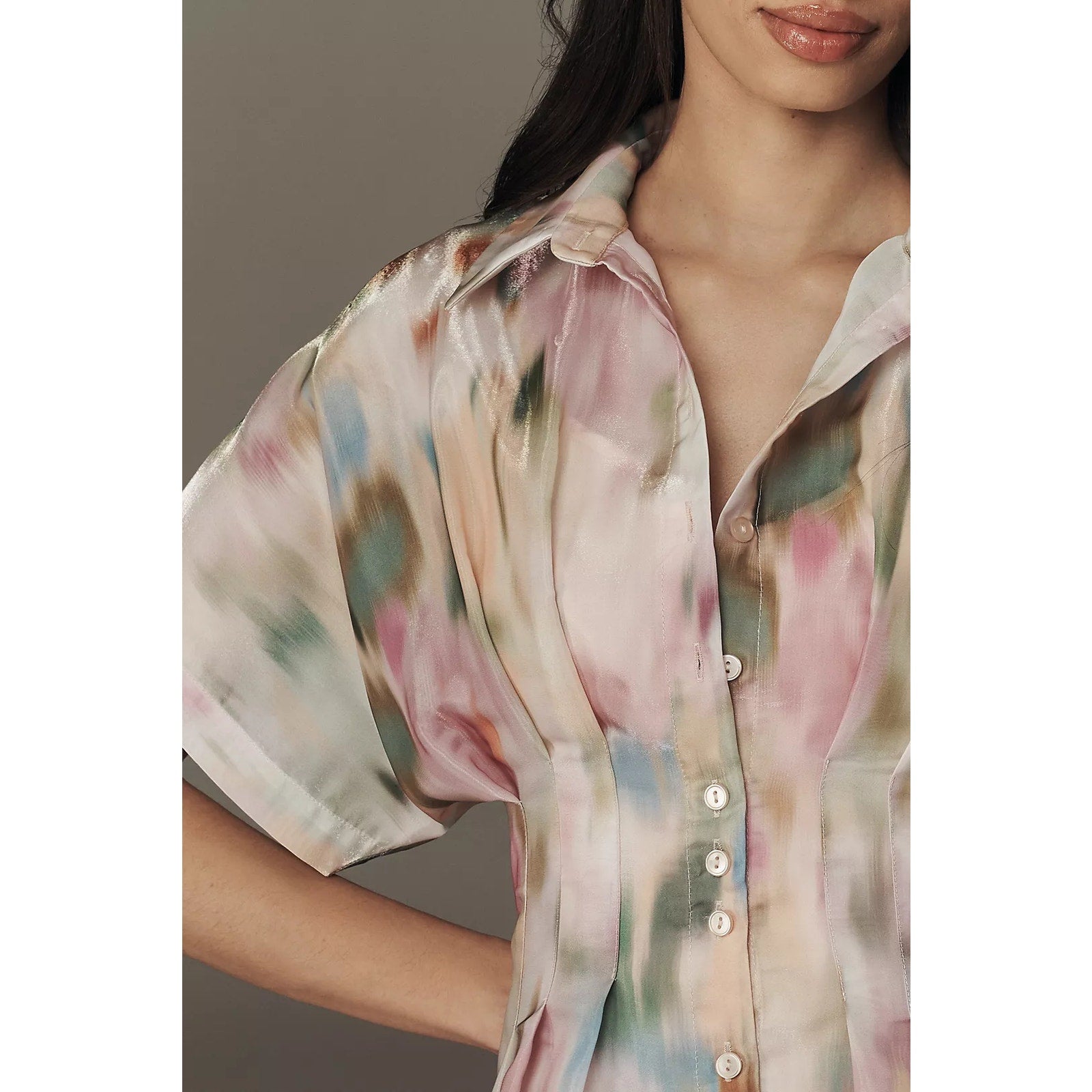 Pastel watercolor organza mini shirt dress bodice, collared neckline, button placket