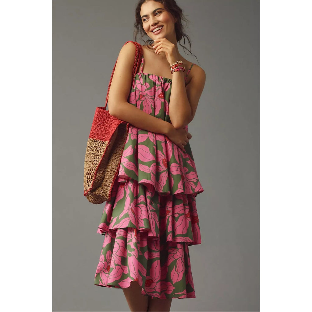 Anthropologie Corey Lynn Calter Tie-Shoulder Tiered Midi Dress $268 PLUS 1X