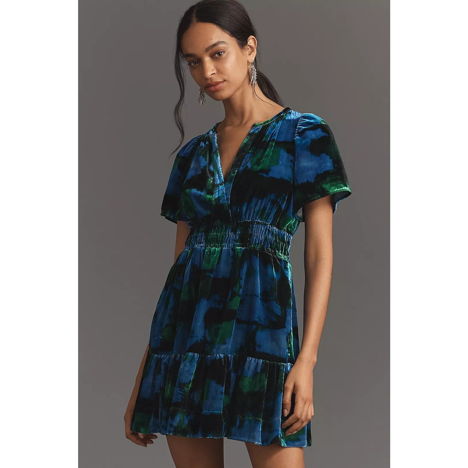Anthropologie Maeve Somerset Velvet Mini Dress $148 X-SMALL Blue Motif