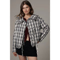 Maeve quilted plaid jacket with ruffled collar, tie closures, and front pockets