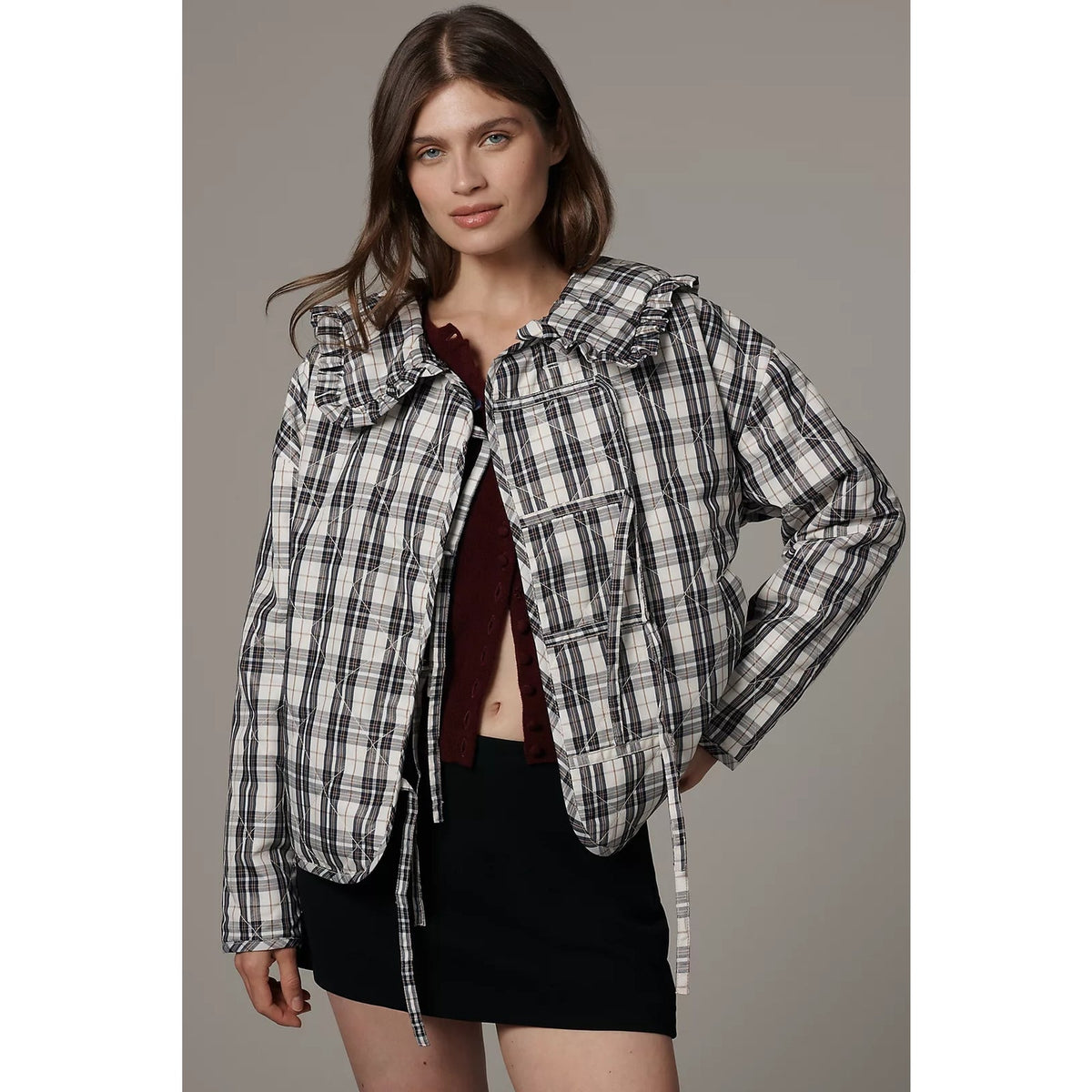 Maeve quilted plaid jacket with ruffled collar, tie closures, and front pockets