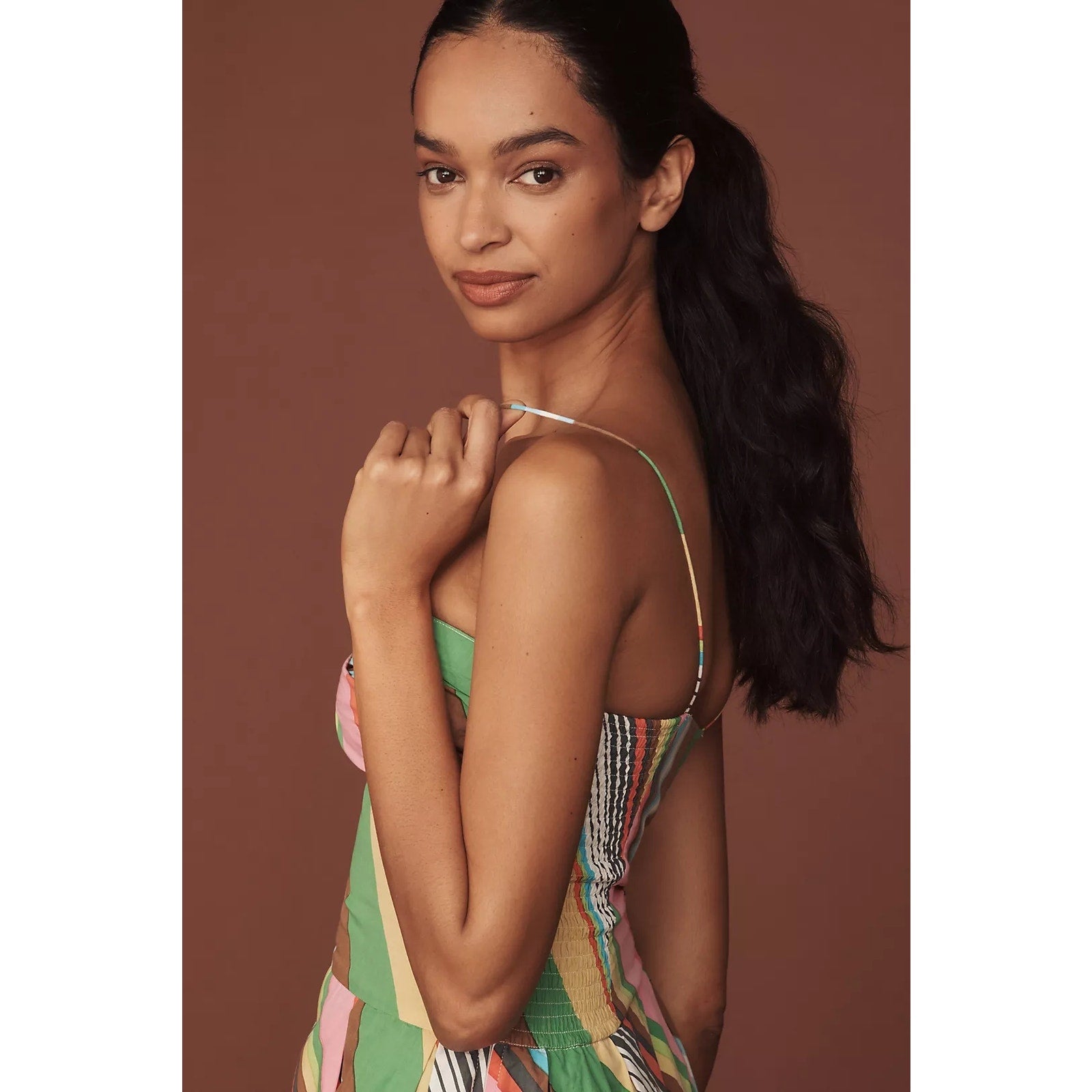Striped fitted balloon mini dress side view, green multicolor, spaghetti straps