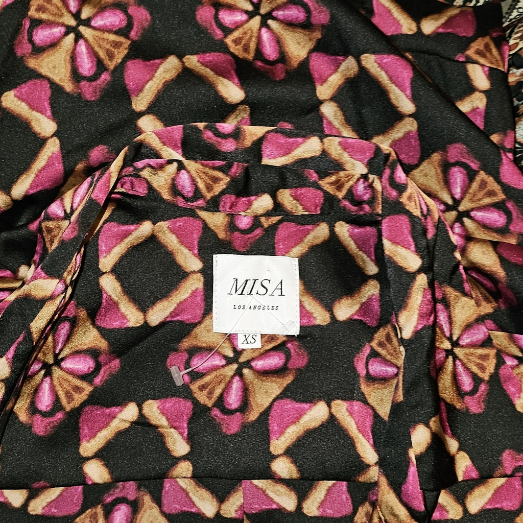 New Anthropologie x MISA Long-Sleeve Wrap Dress $435 XS Black & Pink Motif Geo