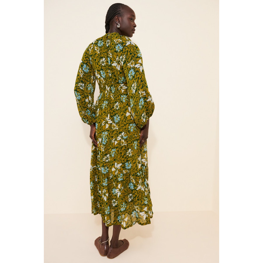 Floral chiffon maxi dress with mock neck and long sleeves, back view