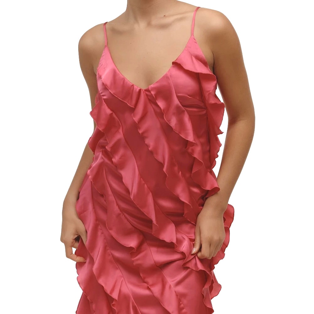 New By Anthropologie Bias-Cut Ruffled Midi Dress $198 X-LARGE Pink V-neck