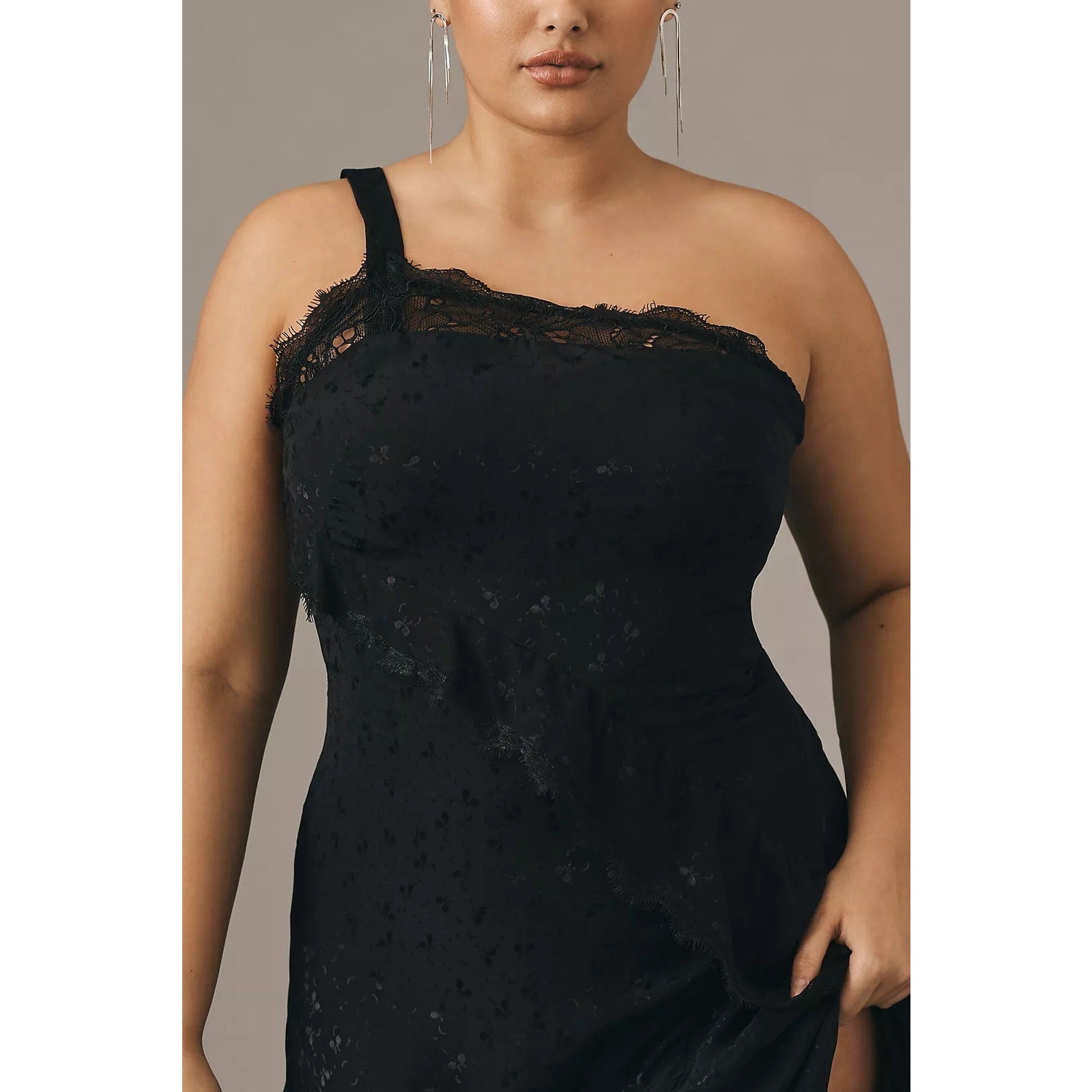 Anthropologie Asymmetrical Lace Maxi Dress $198 SIZE 14P Black ONE SHOULDER