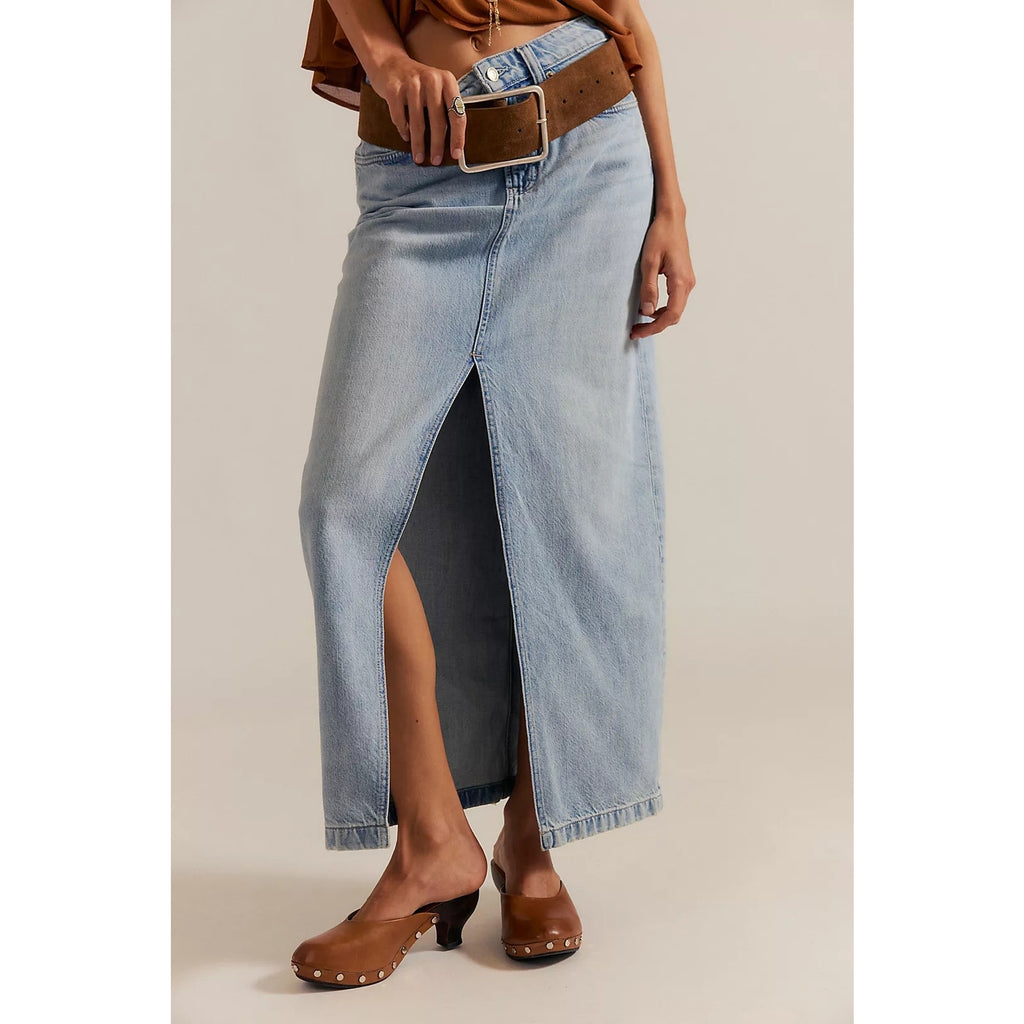 FREE PEOPLE We The Free Nothing Better Denim Maxi Skirt SZ 26 Ocean Free People