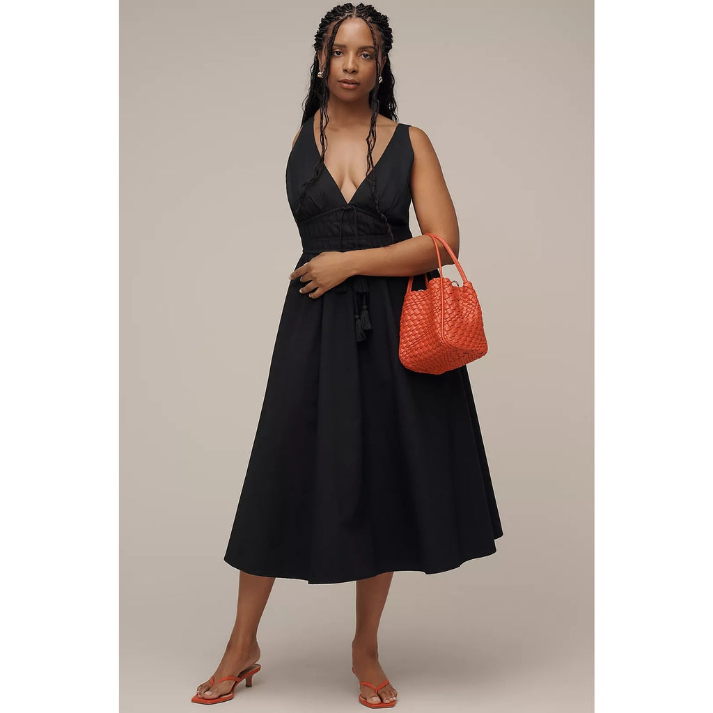 Anthropologie Maeve Sleeveless V-Neck Tie-Waist Midi Dress LARGE Black Anthropologie