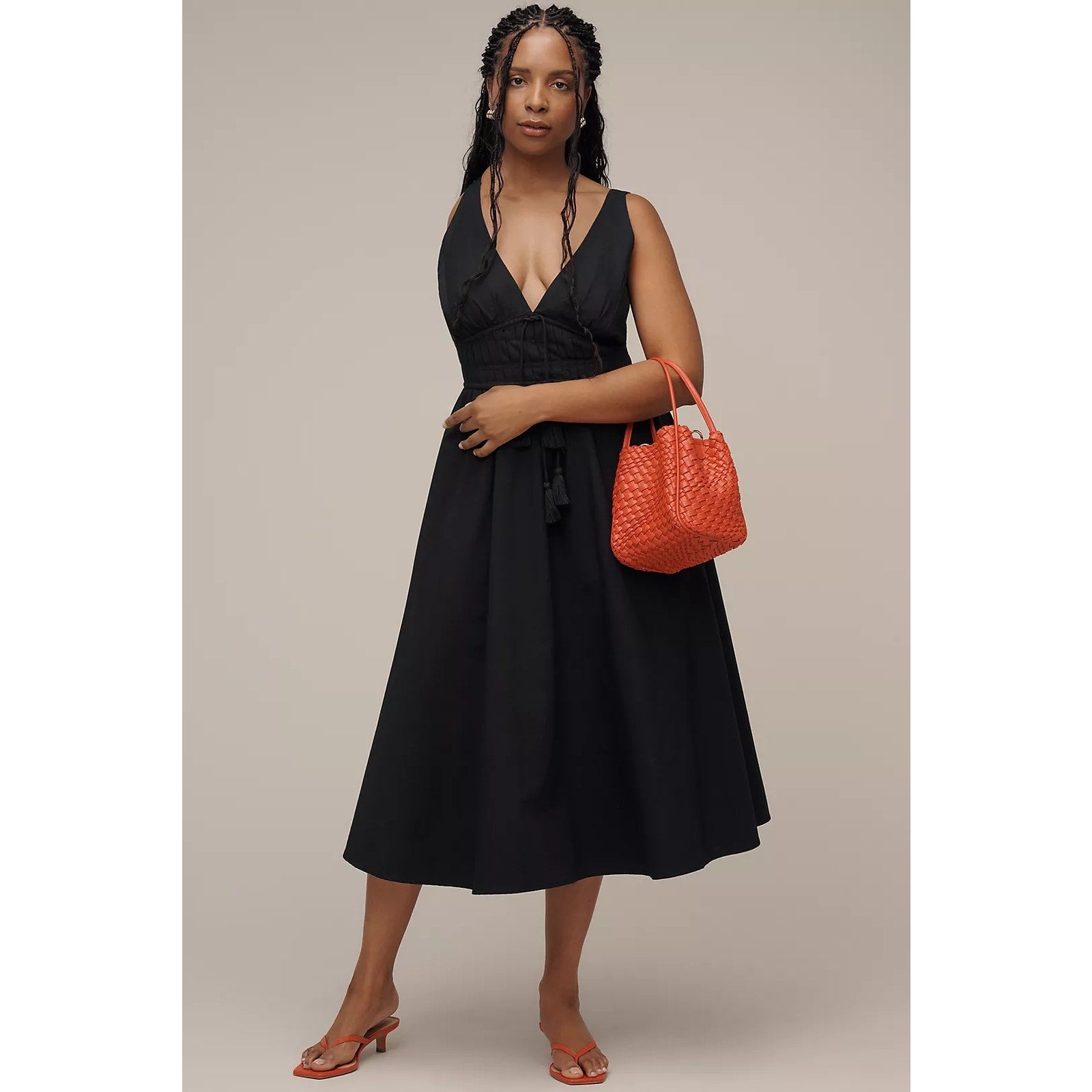 Anthropologie Maeve Sleeveless V-Neck Tie-Waist Midi Dress LARGE Black Anthropologie
