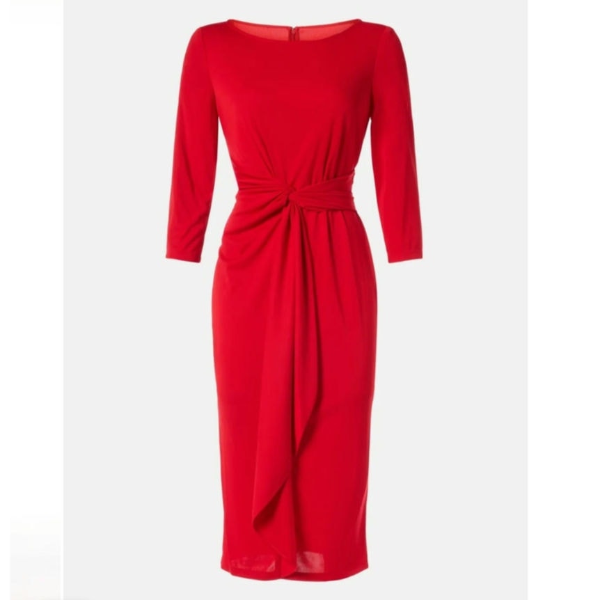 Red midi dress with ruched center back and 3/4 sleeves