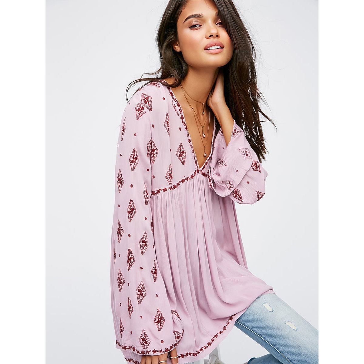 New Free People Diamond Embroidered Long Sleeve Tunic $148 SMALL Lilac Top