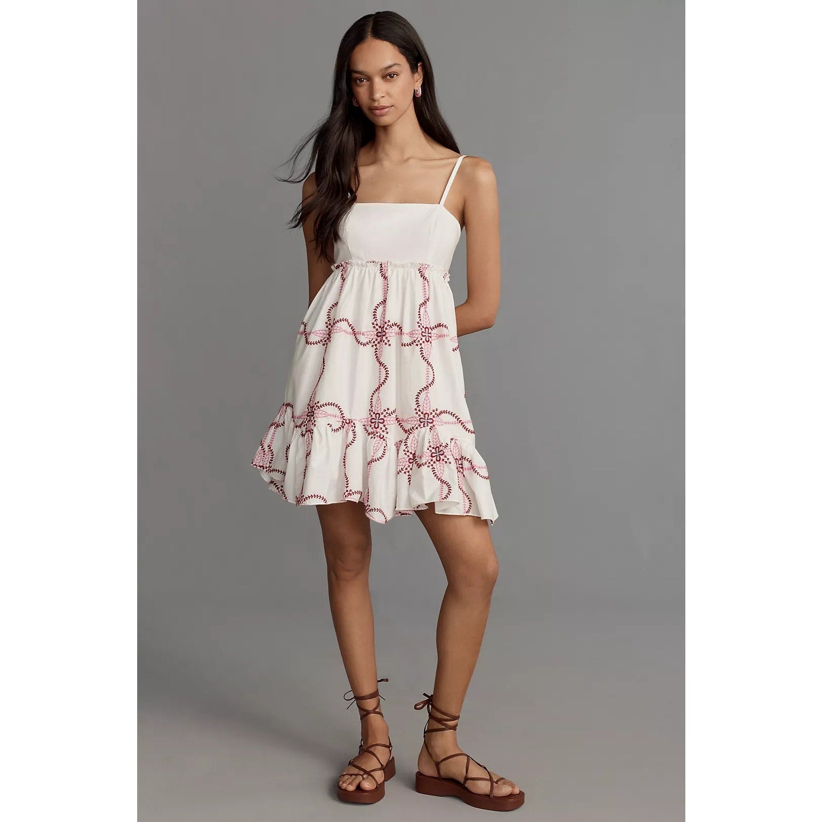 Anthropologie Sleeveless Babydoll Mini Dress SMALL Pink EMBROIDERED Anthropologie