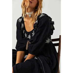 New Free People Lovers Lane Maxi Dress Ruffle Embroidery Floral Smocked Black XS