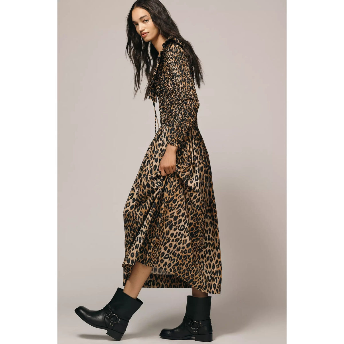 Anthropologie Damson Madder Harper Shirred Midi Dress SIZE 4 Leopard Anthropologie